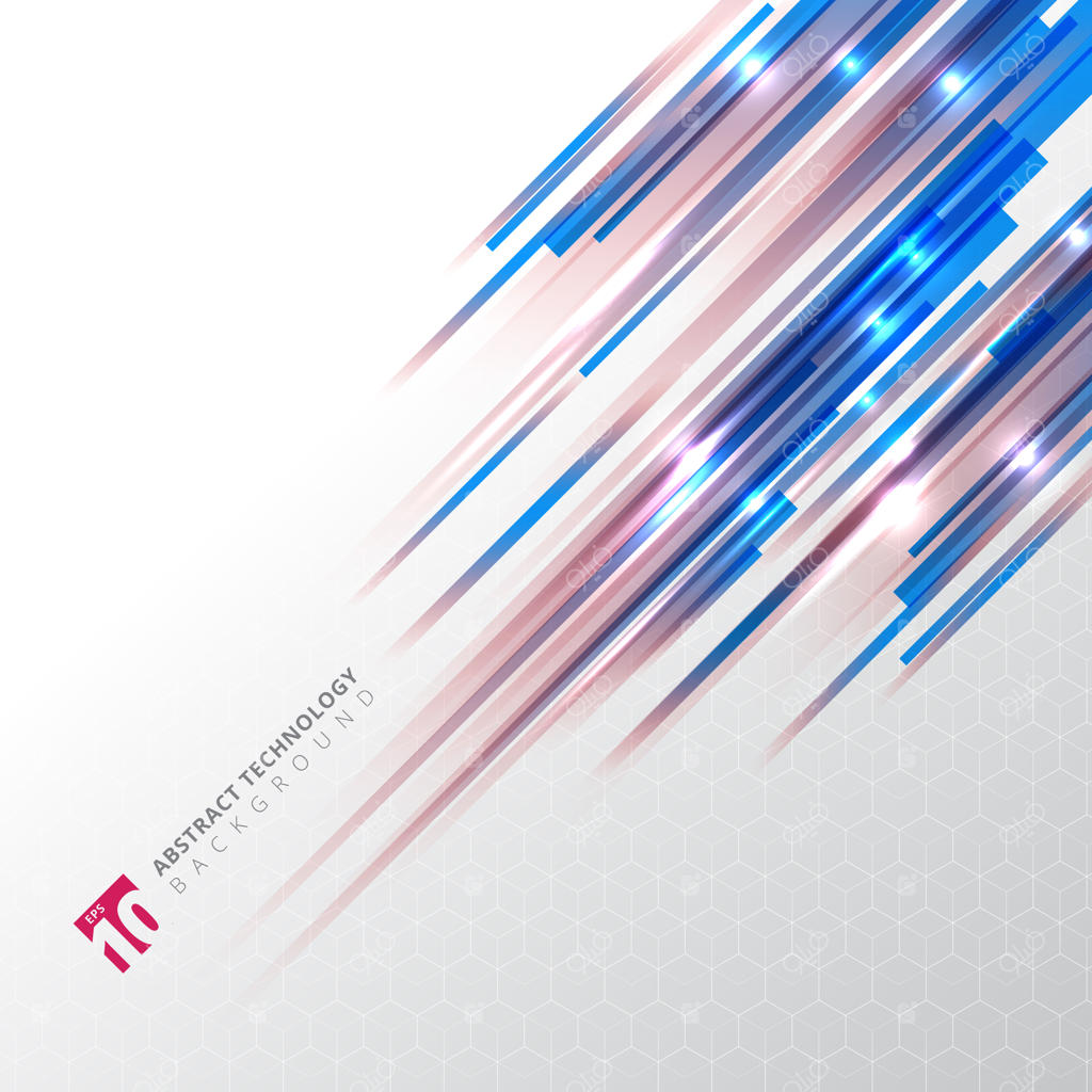 خطوط مورب آبی و قرمز با افکت نور لیزری بر روی زمینه‌ای با الگوی شش‌ضلعی در تکنولوژی مدرن.