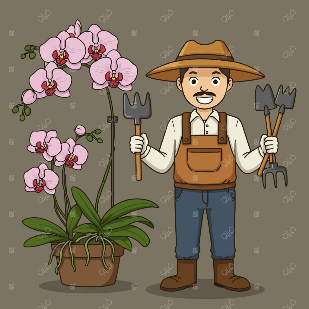 باغبان کارتونی با ارکیده و ابزار باغبانی آماده کار - وکتور حرفه‌ای