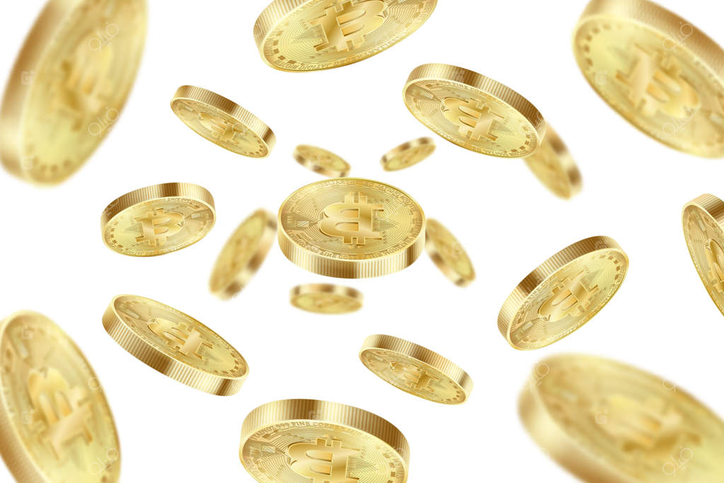 سکه‌های بیت‌کوین در حال پرواز بر روی پس‌زمینه سفید. انفجار ارز دیجیتال بیت‌کوین. تصویرسازی سه‌بعدی و واقعی.