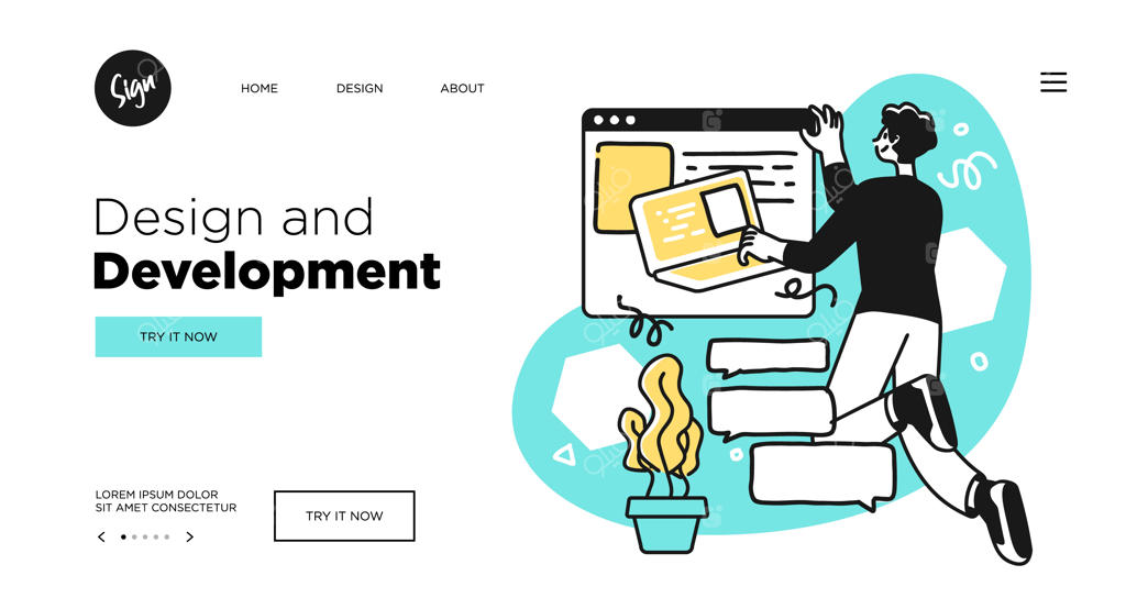 مفهوم طراحی، توسعه و برنامه‌نویسی فناوری. قالب صفحه وب با تصویرسازی وکتور خطی مدرن.