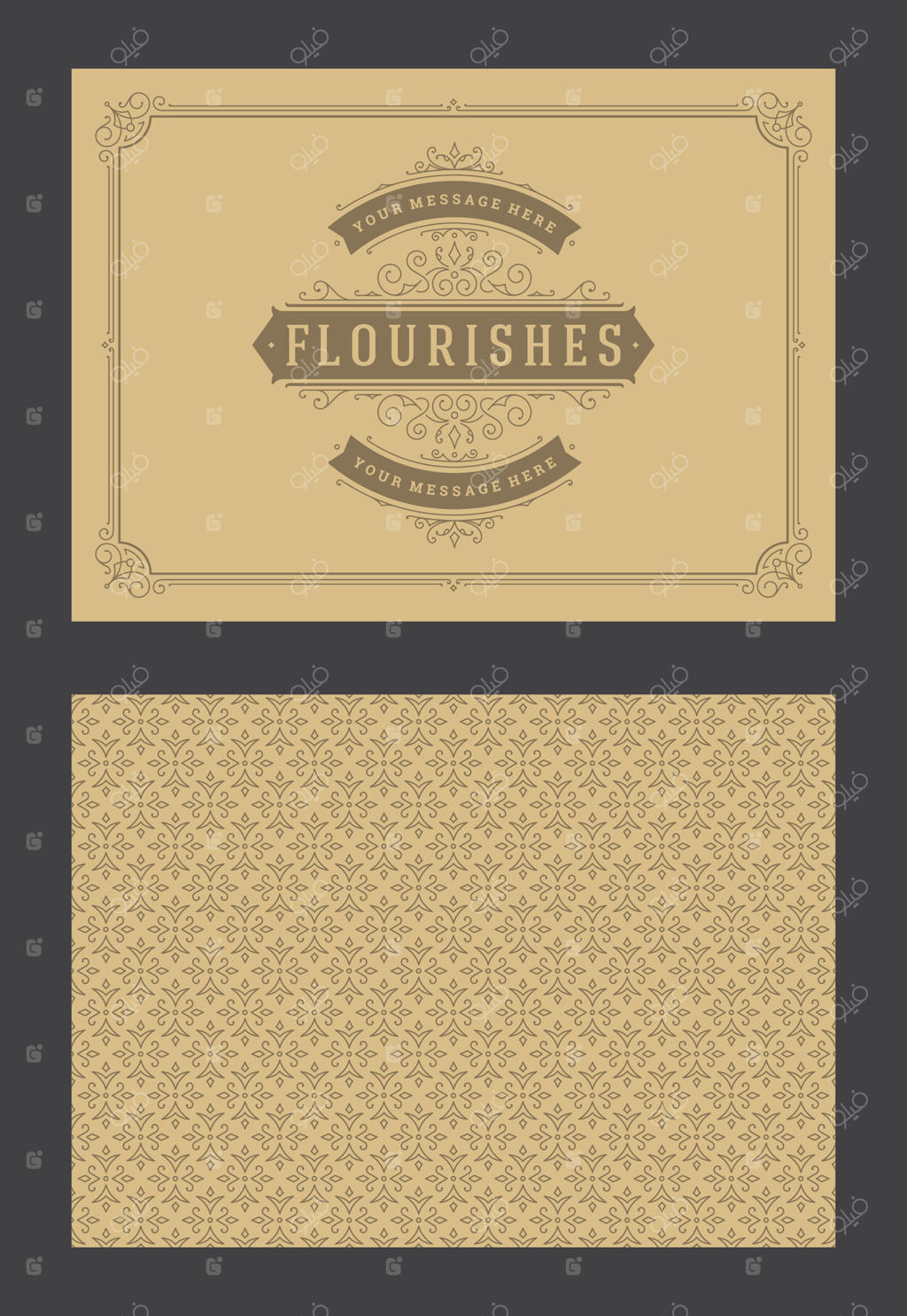 قالب طراحی کارت تبریک با تزیینات وینتیج و قاب‌ حاشیه‌ای خوشنویسی شده