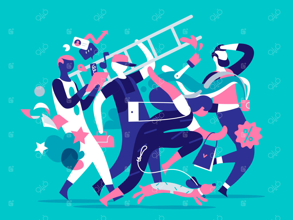 شخصیت‌های مرد و زن در حال انجام فعالیت‌های روزانه‌شان