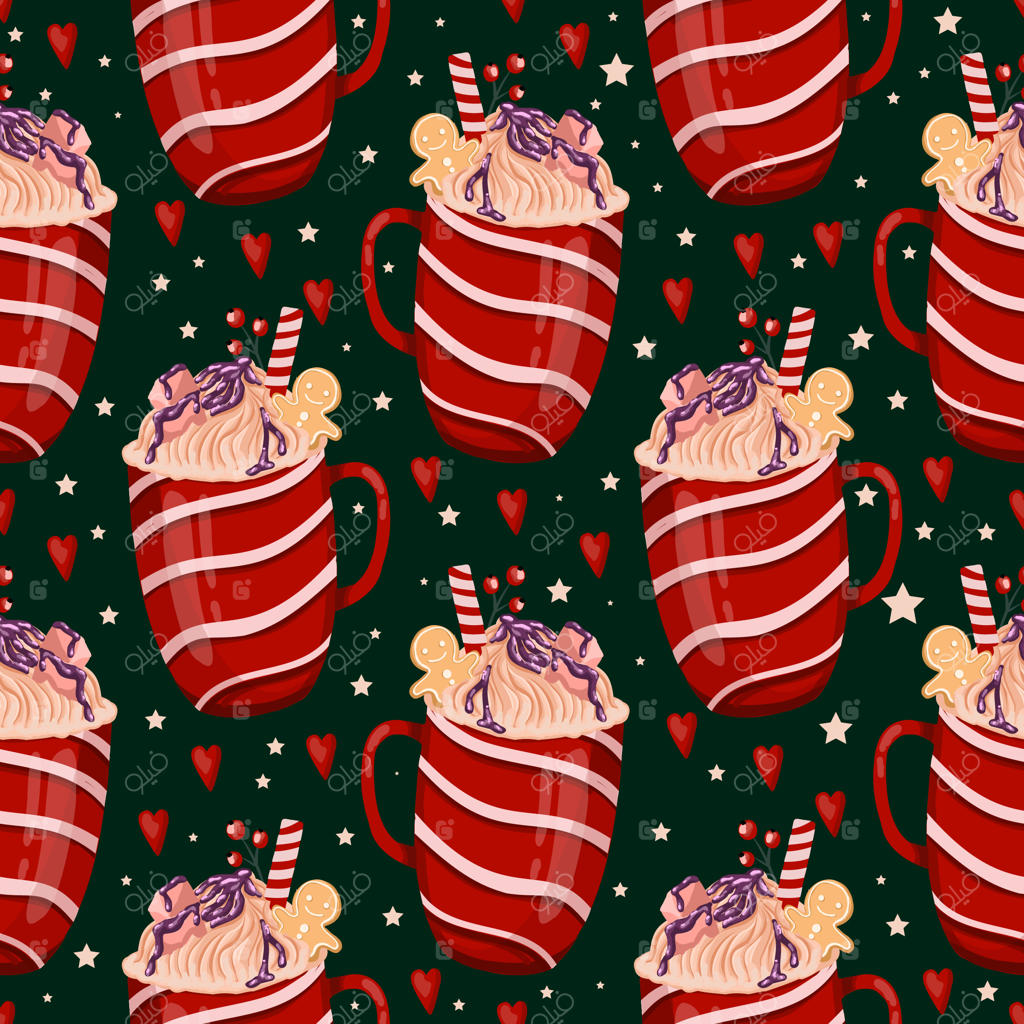 کاغذ کادو با فنجان‌های کریسمس: نوشیدنی گرم زمستانی با مارشمالو و خامه. پترن بی‌نهایت دنج