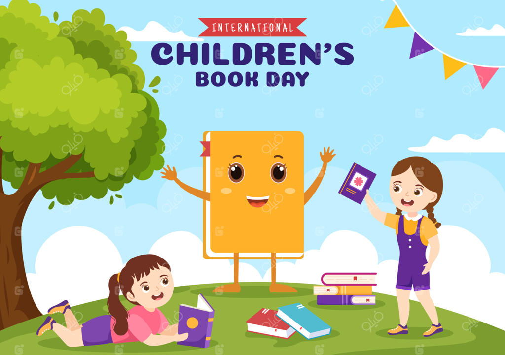 روز جهانی کتاب کودک در دوم آوریل: تصویرسازی با کودکان کتاب‌خوان یا نویسنده به سبک کارتونی تخت برای قالب‌های صفحه اول وب‌سایت‌ها