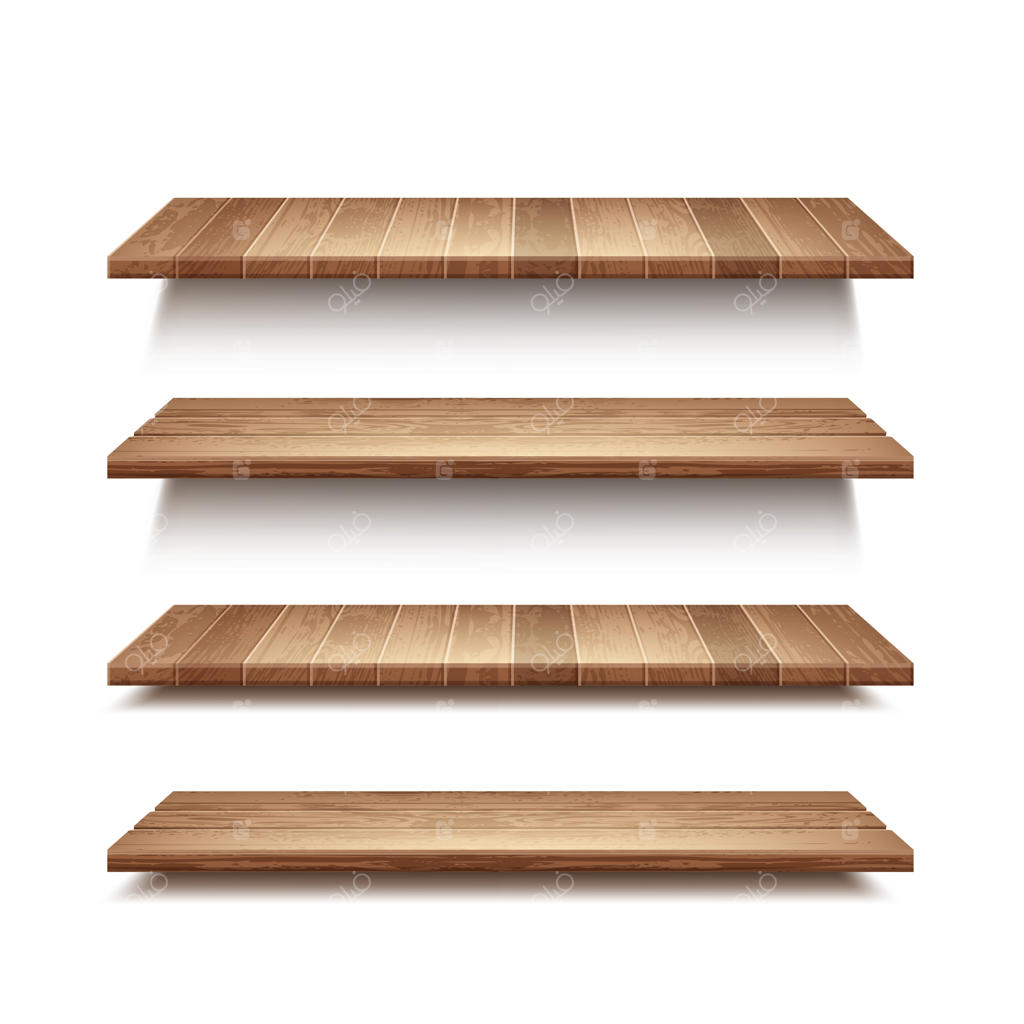 مجموعه قفسه‌های چوبی خالی و واقعی با پس‌زمینه دیوار سفید