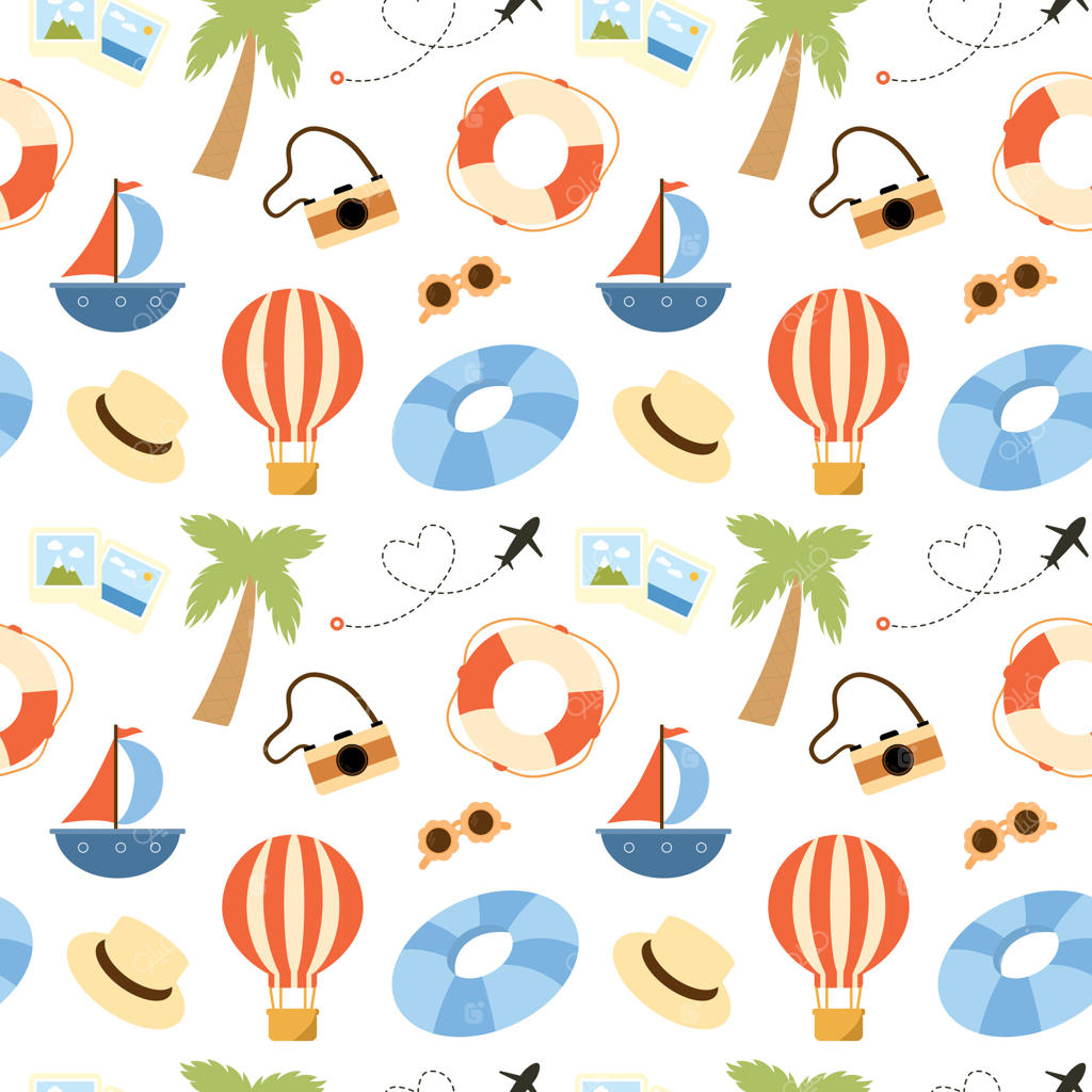 پترن تابستانی زنده با عناصر سفر و آیکون‌های حرفه‌ای وکتور