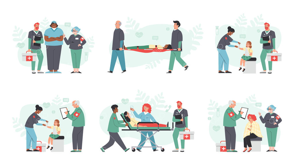 تصویر برداری تخت از کارکنان پزشکی آمبولانس (پارامدیک) جدا شده در پس زمینه سفید