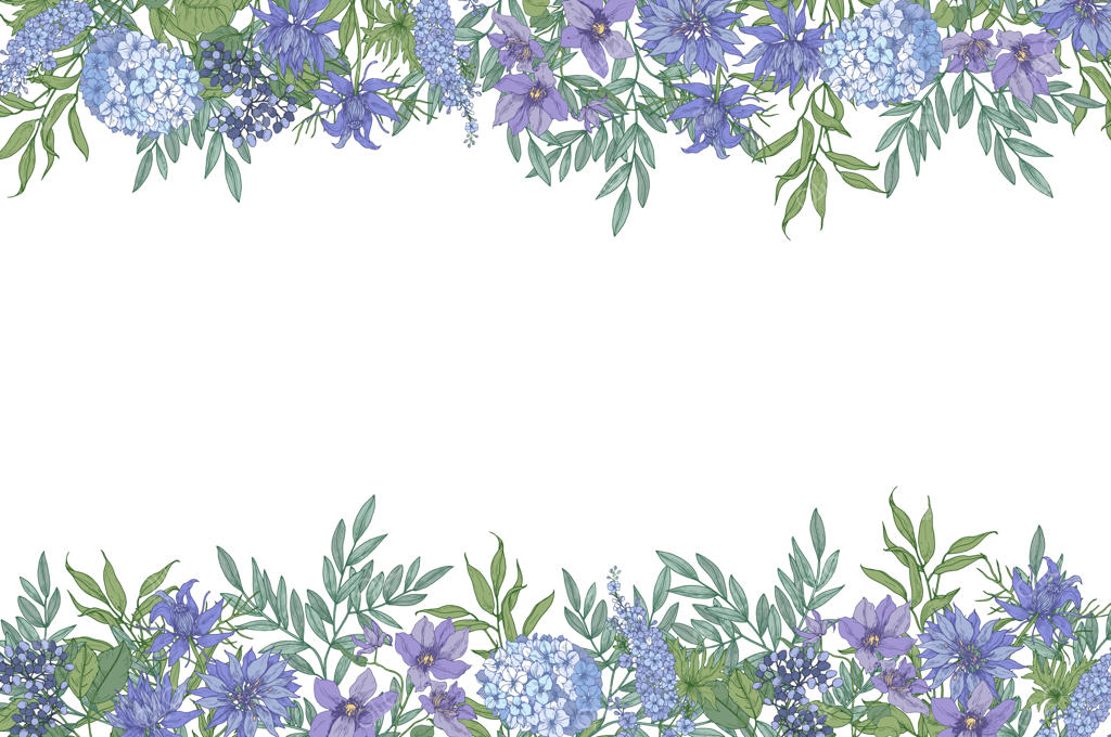 زمینه افقی گلدار با حاشیه تزئینی از گل‌های وحشی شکوفا و گیاهان گلدار دست‌کشیده بر روی زمینه سفید