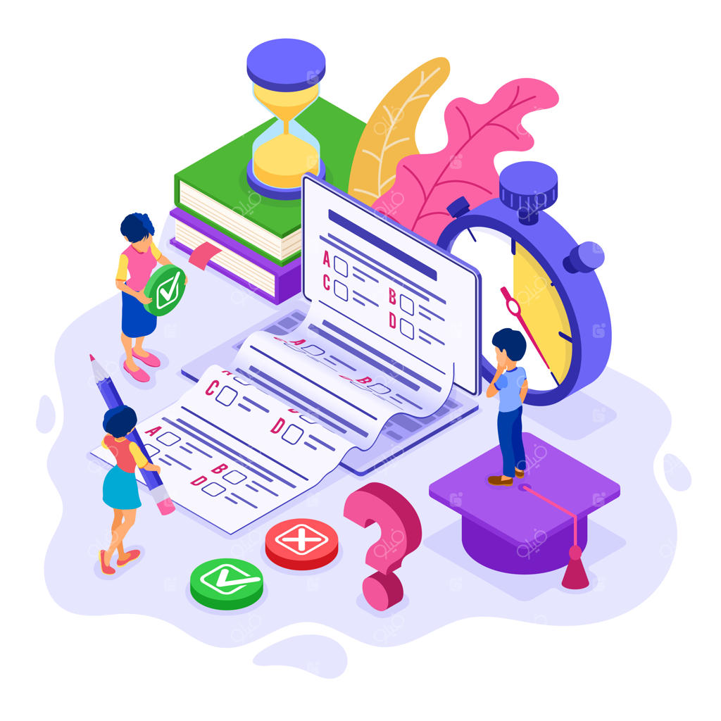 تحصیل آنلاین یا امتحان از راه دور: یادگیری اینترنتی از خانه با شخصیت‌های ایزومتریک - دختر و پسر در حال آزمون و امتحان با لپ‌تاپ