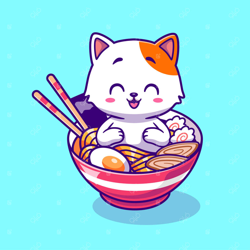 تصویر وکتور بامزه گربه در کاسه رامِن. نماد غذا برای حیوانات. وکتور با کیفیت و سبک کارتونی تخت.