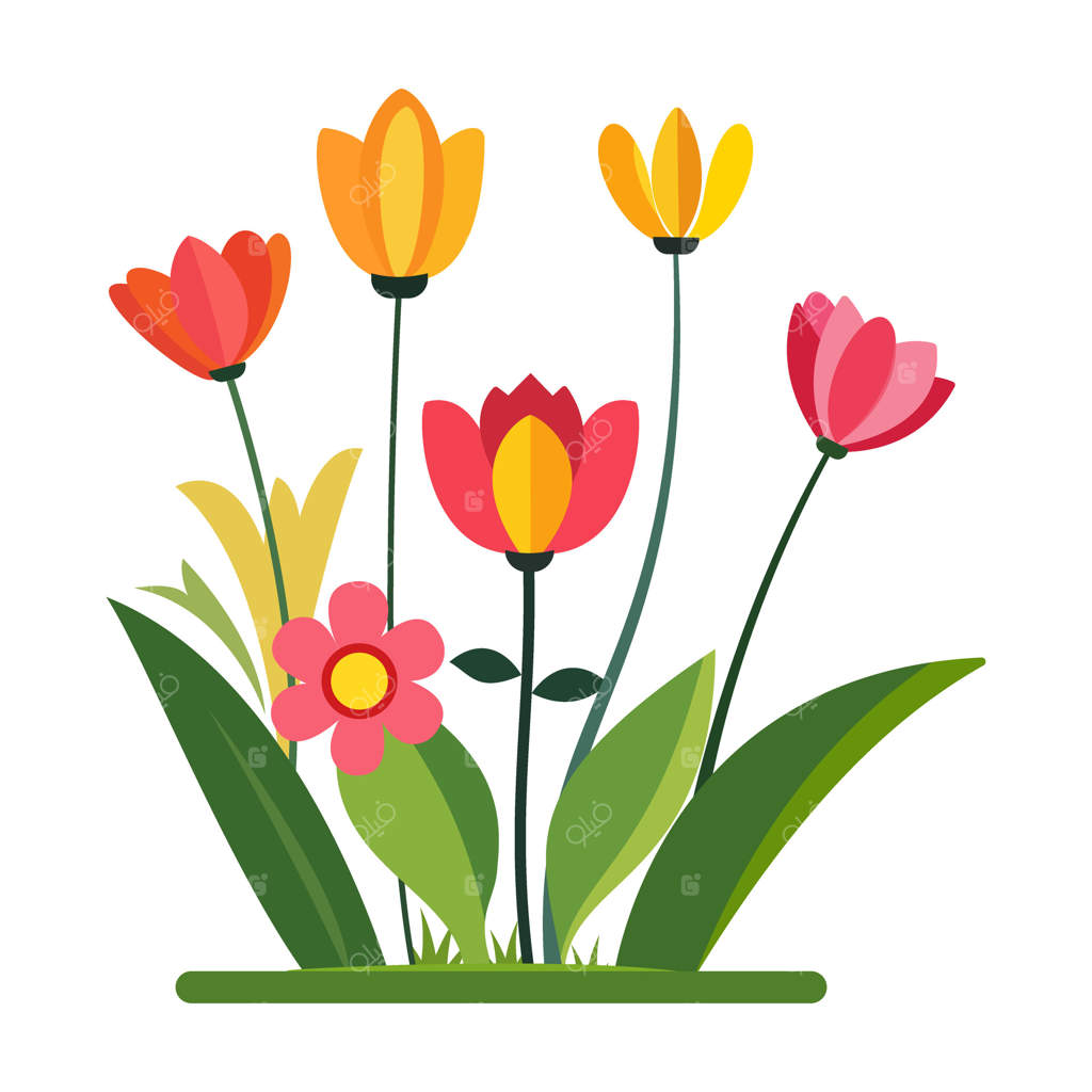 گل‌ها و چمن کارتونی در پس‌زمینه سفید.