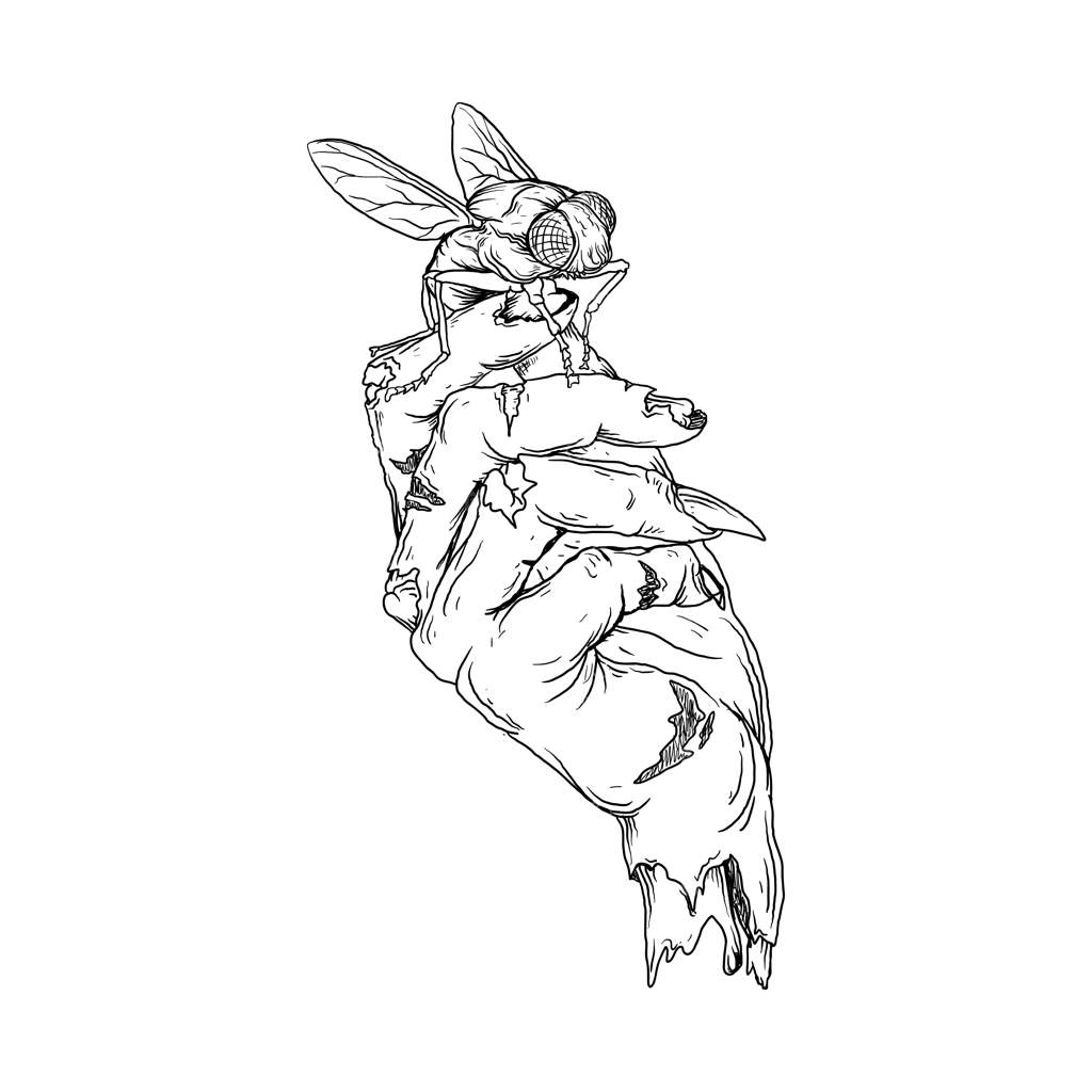 طراحی تصویر سیاه و سفید دست‌کشیده مگس‌ها بر روی دستان زامبی‌ها