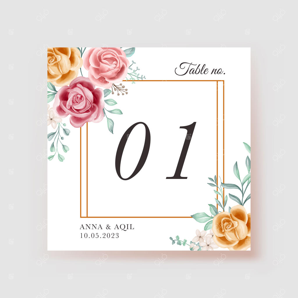 شماره میز با طراحی گل‌های صورتی و زرد در آبرنگ