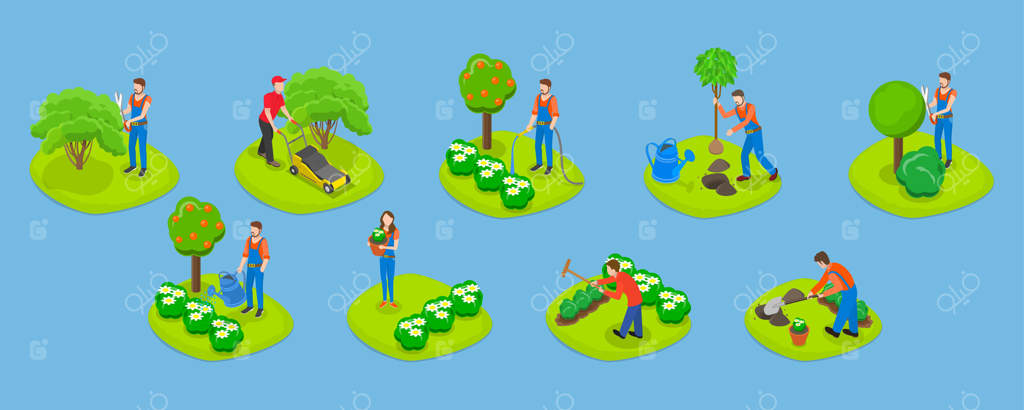 مجموعه سه‌بعدی و ایزومتریک از ابزارهای باغبانی، طراحان منظر و تجهیزات کشاورزی