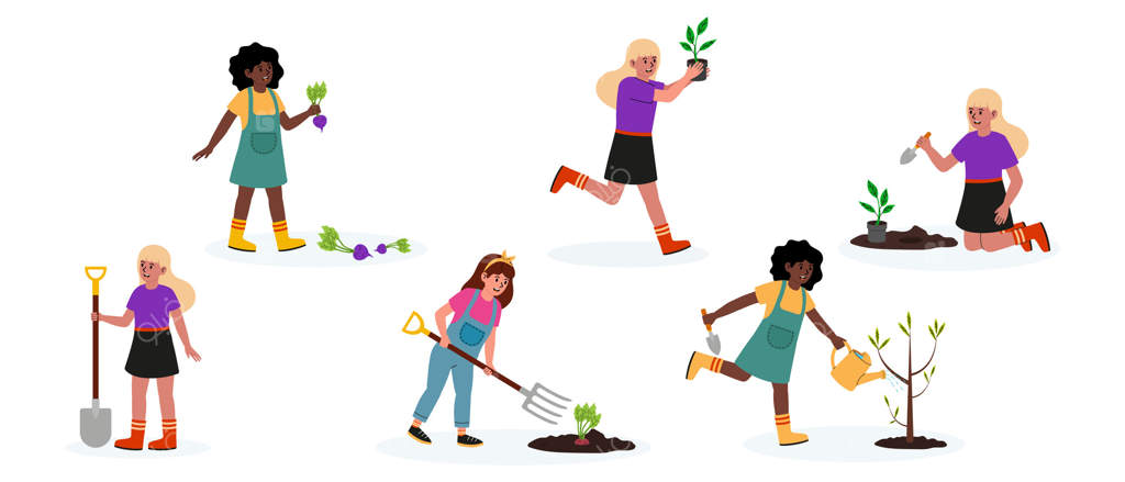 باغبانان جوان در حال کاشت سبزیجات و گل‌ها در یک باغچه‌ محلی در یک بعدازظهر آفتابی