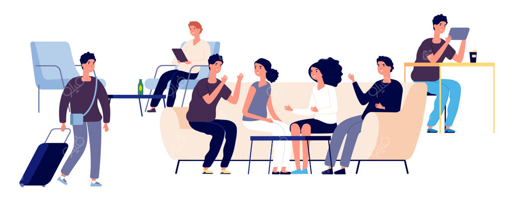 سالن خوابگاه با حضور زنان و مردان خوشحال