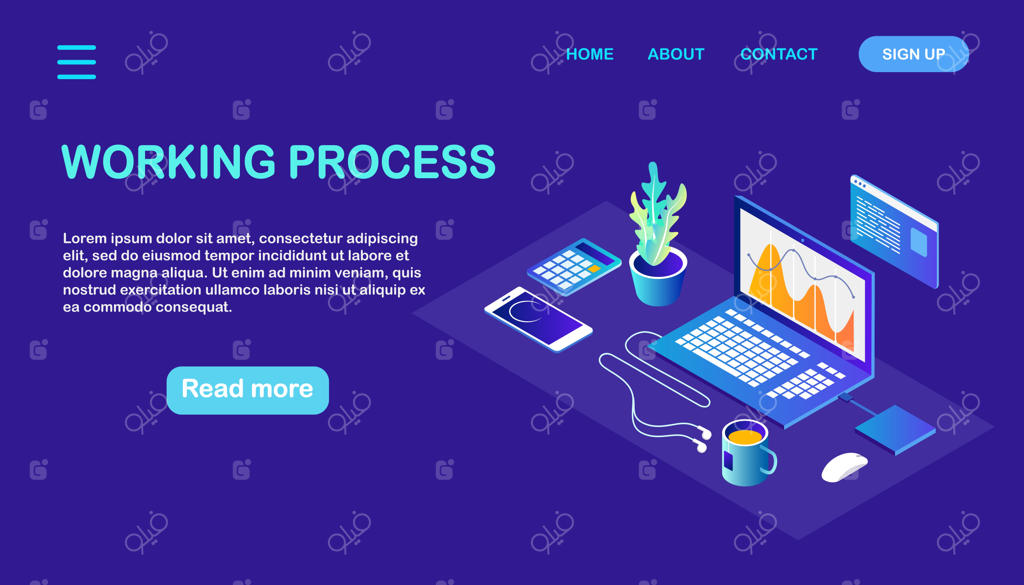 فرآیند کاری: دفتر کار ایزومتریک با کامپیوتر، لپ‌تاپ، تلفن، قهوه، دفترچه یادداشت و اسناد