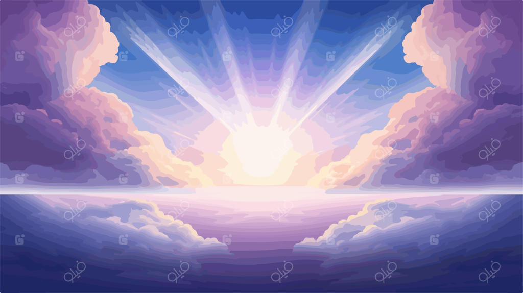 دروازه فضایی باشکوه رو به طلوع اقیانوس بر فراز ابرها در کهکشان