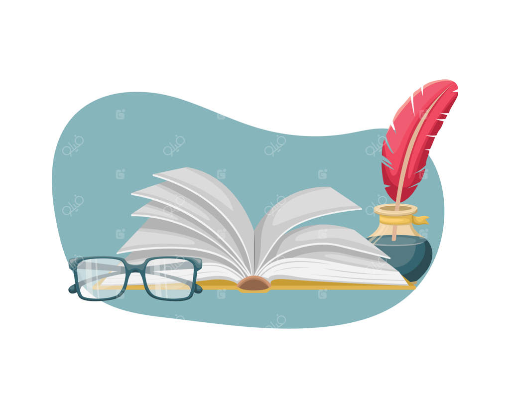 کتاب باز روی میز همراه با یک دوات، قلم و عینک. آموزش و مطالعه.