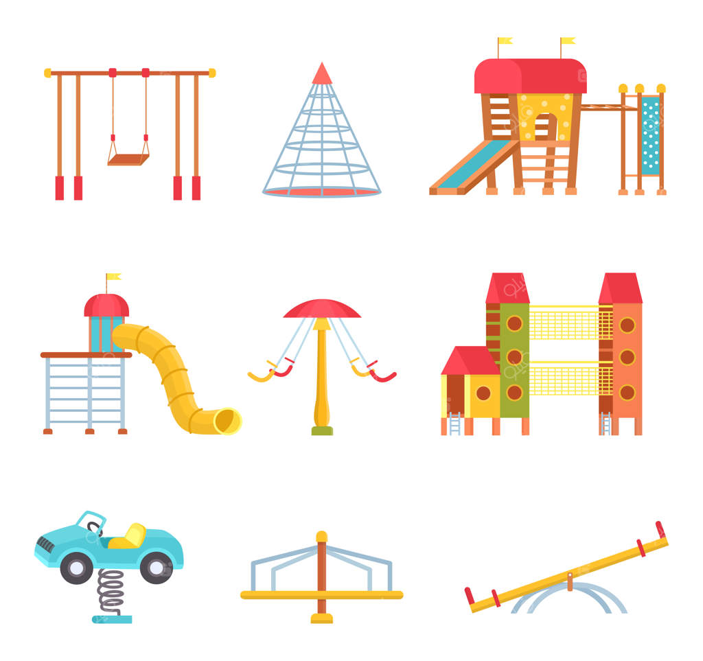 تجهیزات زمین بازی برای پارک کودکان: سرسره، تاب و ماشین بازی برای حیاط مهدکودک در فضای باز