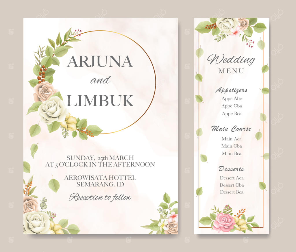 دعوتنامه عروسی با طرح لطیف گل‌ها و برگ‌های زیبا