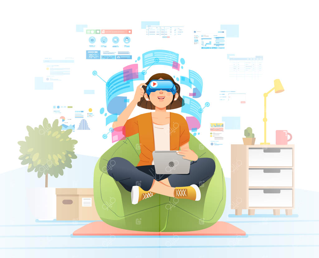 تصویر زنی که روی صندلی بادی نشسته و هدست واقعیت مجازی استفاده می‌کند، در حالی که تبلت در دست دارد