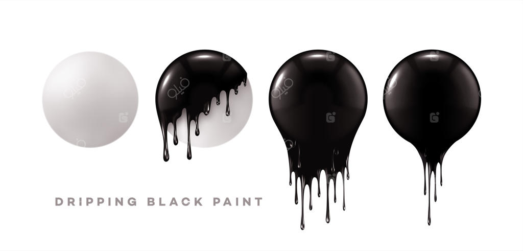 مجموعه‌ای از کره‌های سه‌بعدی واقع‌گرایانه با قطره‌های رنگ سیاه بر روی زمینه سفید. قطره‌های رنگ روی اشکال دایره‌ای سفید. تصویر‌سازی وکتور