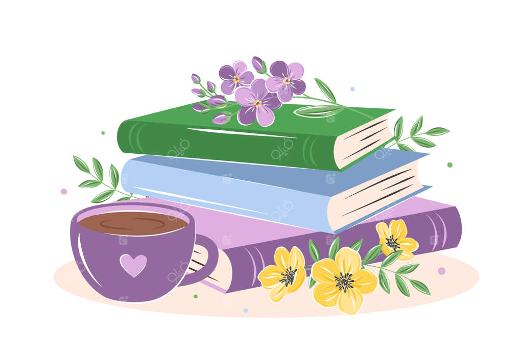 کتاب‌ها، فنجان قهوه یا چای و گل‌های بهاری روشن: طراحی کارت تبریک بهاری