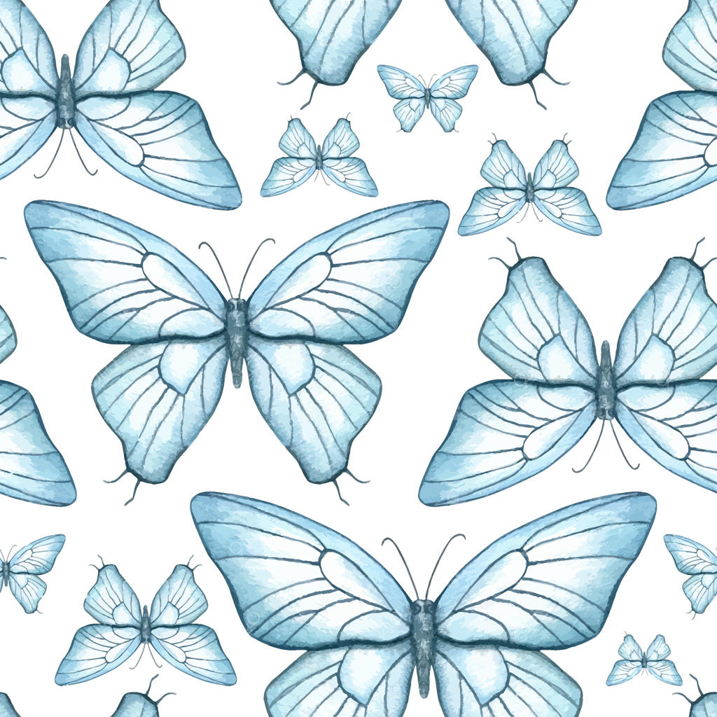 طرح استوایی یکپارچه با پروانه‌های آبی انتزاعی در پس‌زمینه‌ای جدا. تصویرسازی آبرنگی از حشرات نقاشی شده با دست. تزئینات مونوکروم تابستانی برای کاغذ دیواری، منسوجات و بسته‌بندی جشن‌ها.
