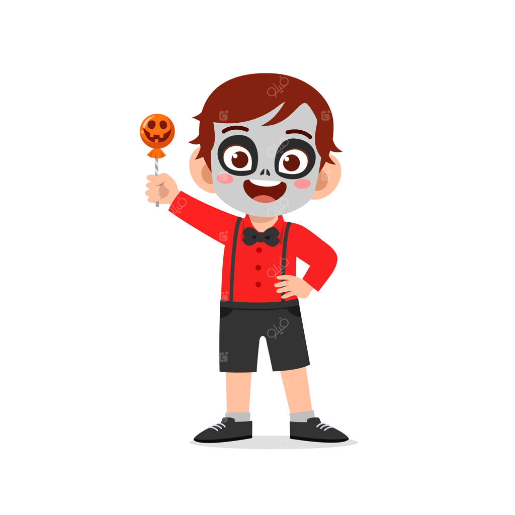 کودک بامزه و خوشحال با لباس اسکلت هالووین را جشن می‌گیرد