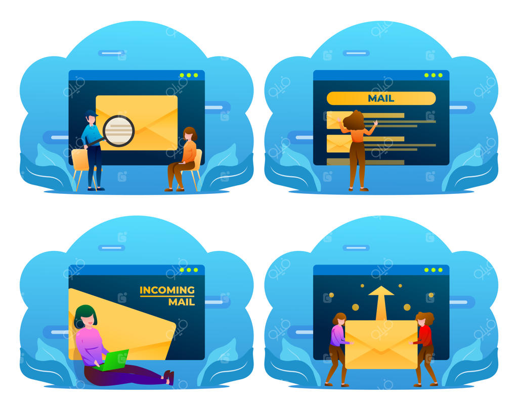 مجموعه‌ای از پستچی‌های جوان در حال کار با نامه و بسته‌ها