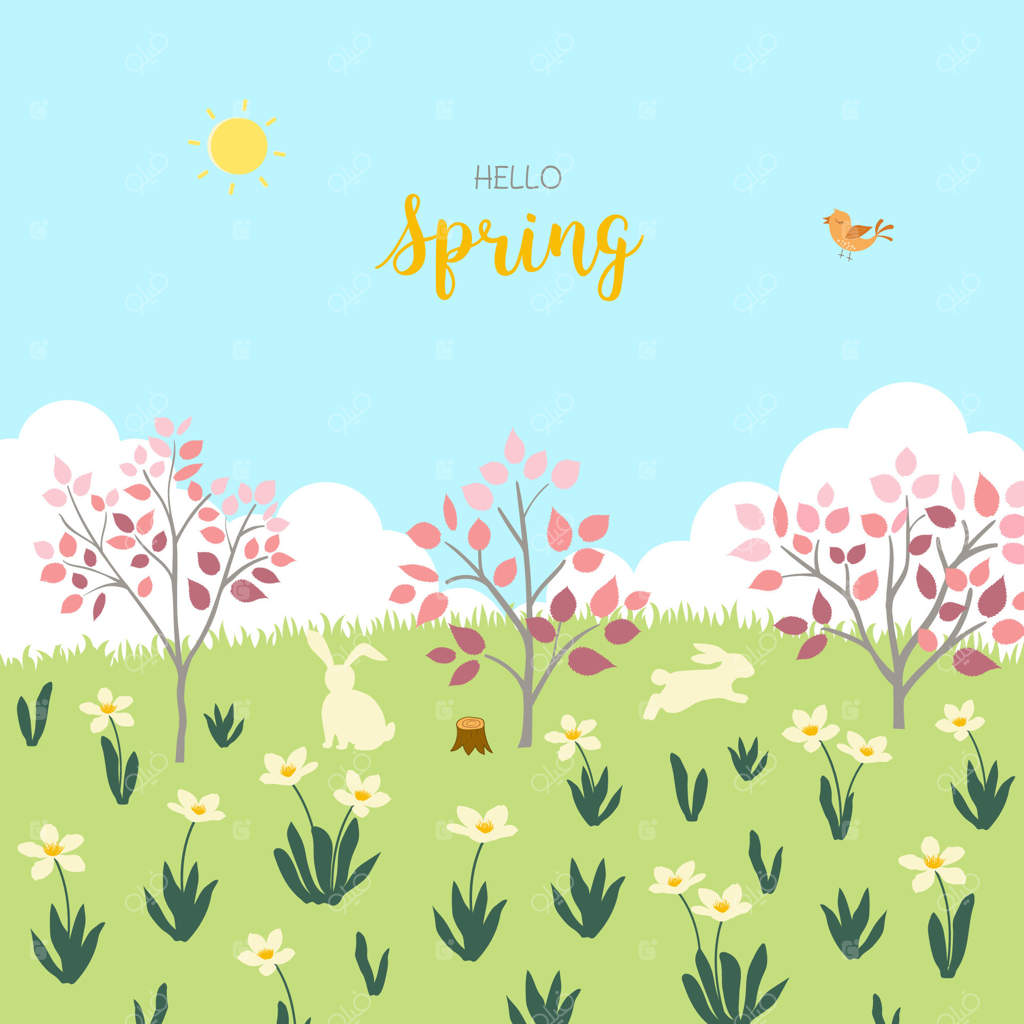 فصل بهار با حیوانات بامزه و باغ رنگارنگ در سبک مسطح