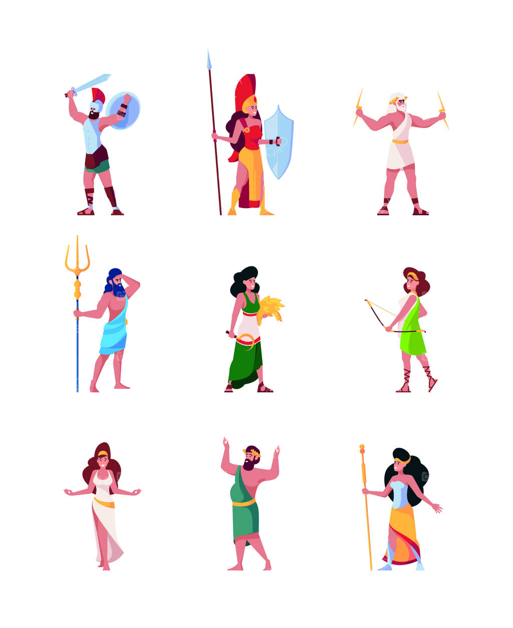 خدایان باستانی: شخصیت‌های پانتئون اساطیر یونان - هرمس، کوپید، هستیا، مارس و تاریخ روم - افراد المپ در سبک وکتور چشمگیر و مسطح