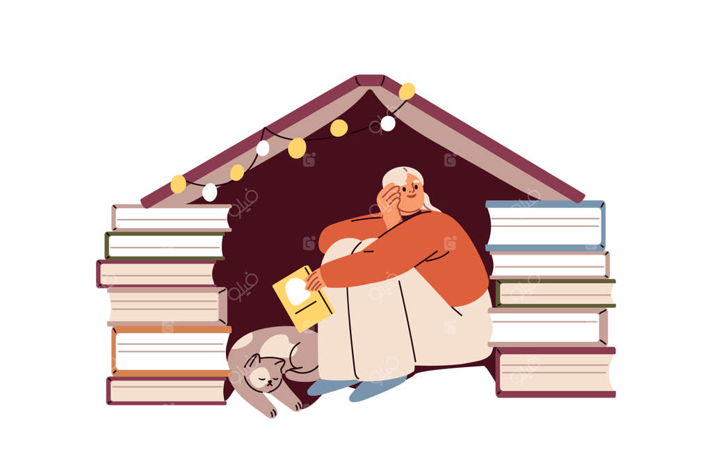 دختری کتاب‌خوان عاشق کتاب زیر پناهگاهی دنج - زنی جوان که با ادبیات داستانی در خانه به آرامش رسیده و با گربه‌ای دوست‌داشتنی استراحت می‌کند - تصویرسازی وکتور ساده