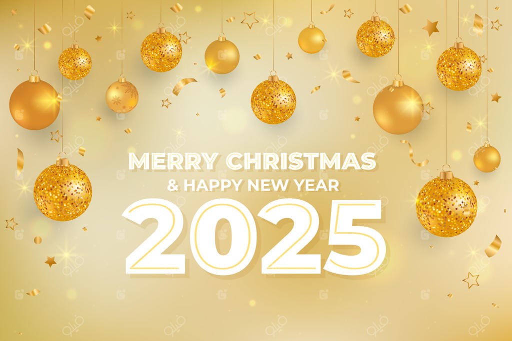 زمینه‌ای لوکس و طلایی برای کریسمس با توپ‌های طلایی، کاغذ رنگی و چراغ‌های درخشان. زمینه‌ای واقعی برای کریسمس