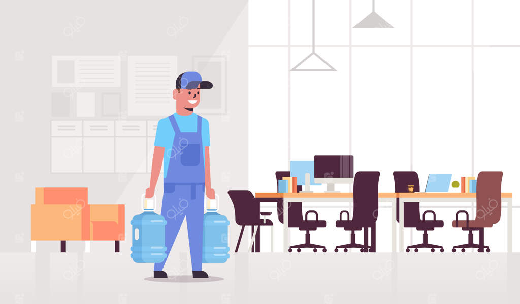پیک یونیفرم‌پوش در حال حمل دو بطری آب تازه - ایده سرویس تحویل سریع در دفتر مدرن