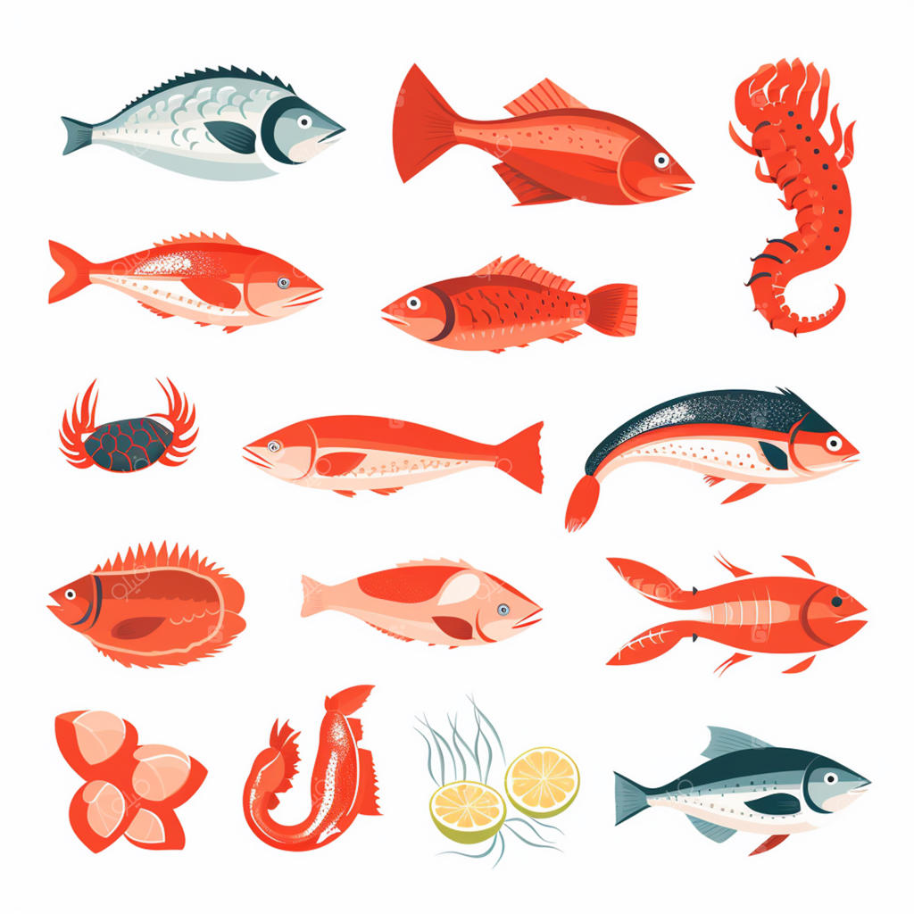 وکتور تصویرسازی ماهی و غذای دریایی تازه، طرح گرافیکی و آیکون ایزوله برای رستوران