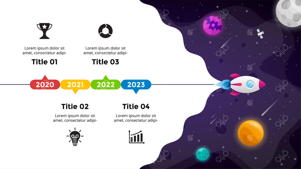 اینفوگرافیک وکتور پس‌زمینه‌ی جهان: پرتاب راکت و نمودار موفقیت در کسب و کار فضایی