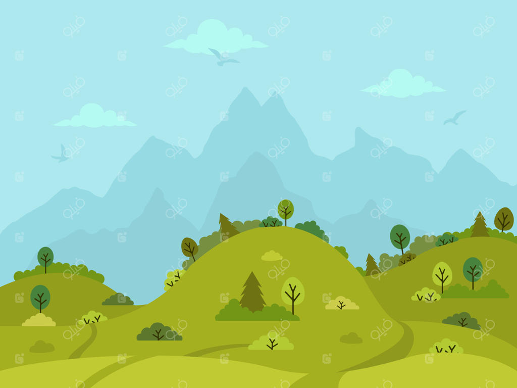 چشم‌انداز تپه‌های روستایی با درختان و کوه‌ها