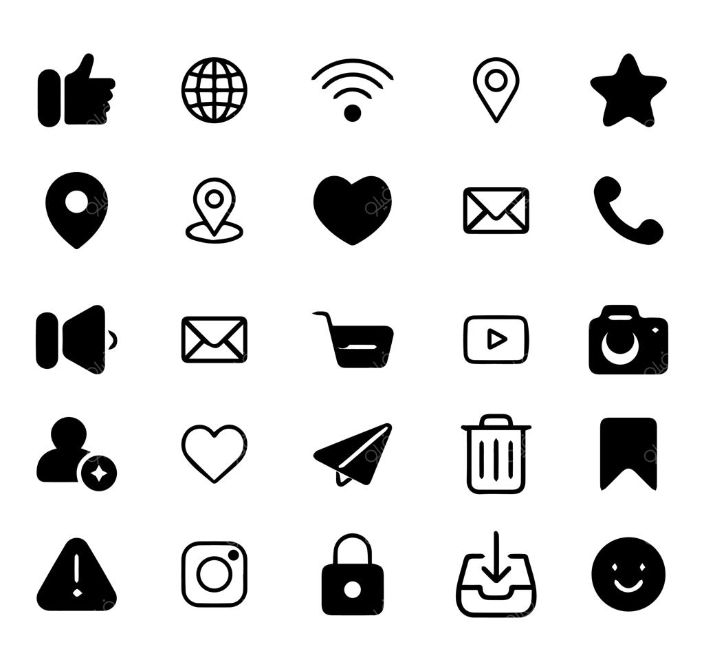 مجموعه آیکون‌های سیاه و سفید شامل آیکون خانه