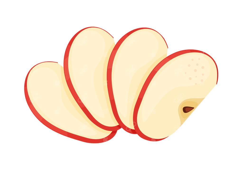 برش‌های سیب قرمز و رسیده، میوه باغی تازه. نقاشی دستی کلیپ‌آرت غذا. برش‌های سیب قرمز تازه، به سبک تخت و با پس‌زمینه شفاف. تصویر سیب قرمز خوشمزه.