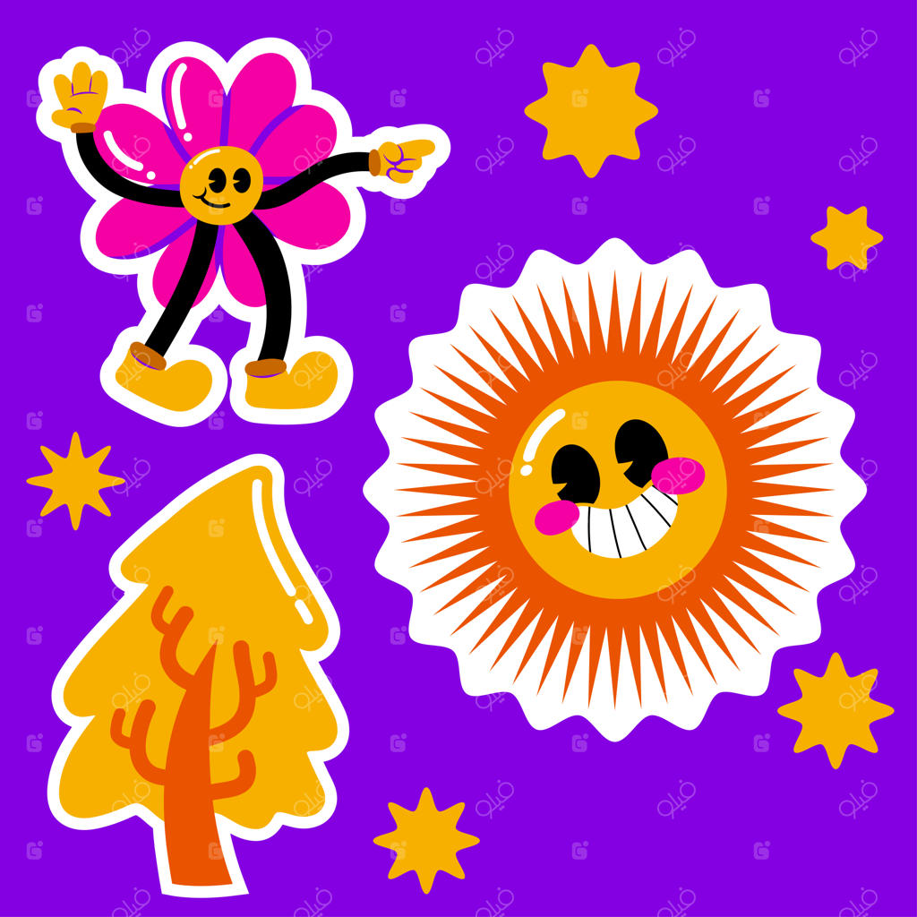 استیکرهای کارتونی تابستان شاد و رنگارنگ با طرح‌های گل، خورشید، درخت، ستاره‌های بنفش و احساسات مثبت