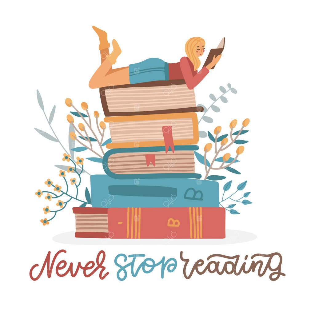 دختری روی کتاب‌ها دراز کشیده و کتابی در دست دارد. مفهوم خودآموزی. شخصیت دانشجوی جوان. جمله‌ای با این مضمون: "هرگز از خواندن دست نکش". تصویرسازی فلت وکتور.
