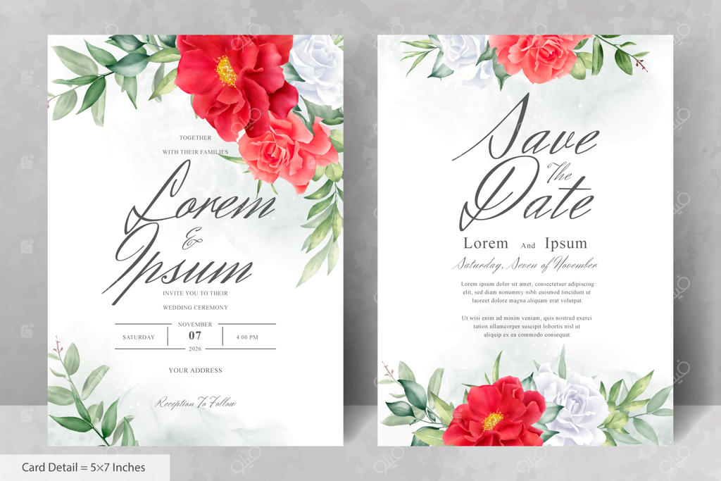 ست دعوتنامه عروسی زیبا با آبرنگ و طرح دستی گل صد تومانی و برگ‌ها