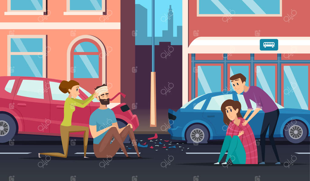 کمک‌های اولیه: کمک به فرد آسیب‌دیده در تصادف جاده‌ای توسط راننده ماشین یا دوچرخه‌سوار (پس‌زمینه کارتونی)