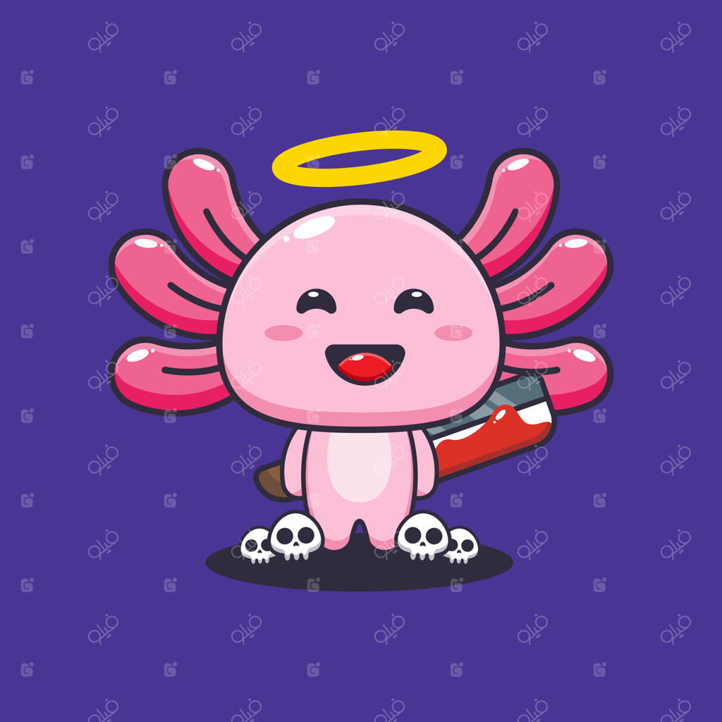 اکسولوتل شرور با قمه خونی در روز هالووین. تصویر کارتونی بامزه هالووین.