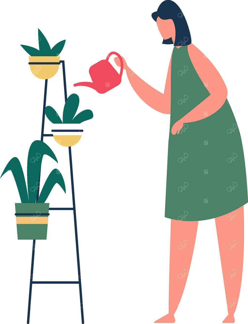 زن جوانی با لباس سبز در حال مراقبت از گیاهان آپارتمانی خود بر روی قفسه فلزی، با استفاده از یک آب‌پاش صورتی رنگ، ایجاد فضایی شاداب و آرامش‌بخش در خانه