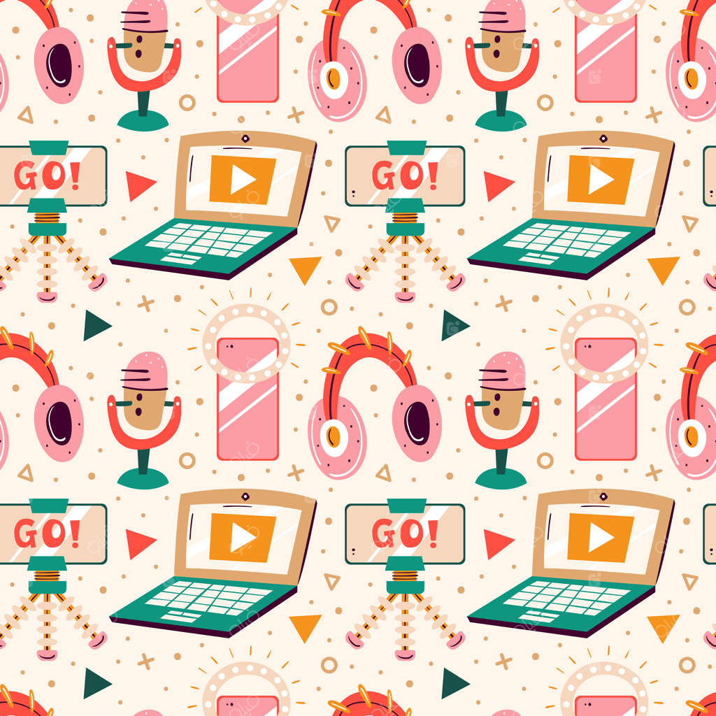 ابزارهای بلاگ و ولاگ: لپ‌تاپ، هدفون، سه‌پایه، نورپردازی، سلفی، پخش زنده. پترن رنگارنگ و ساده