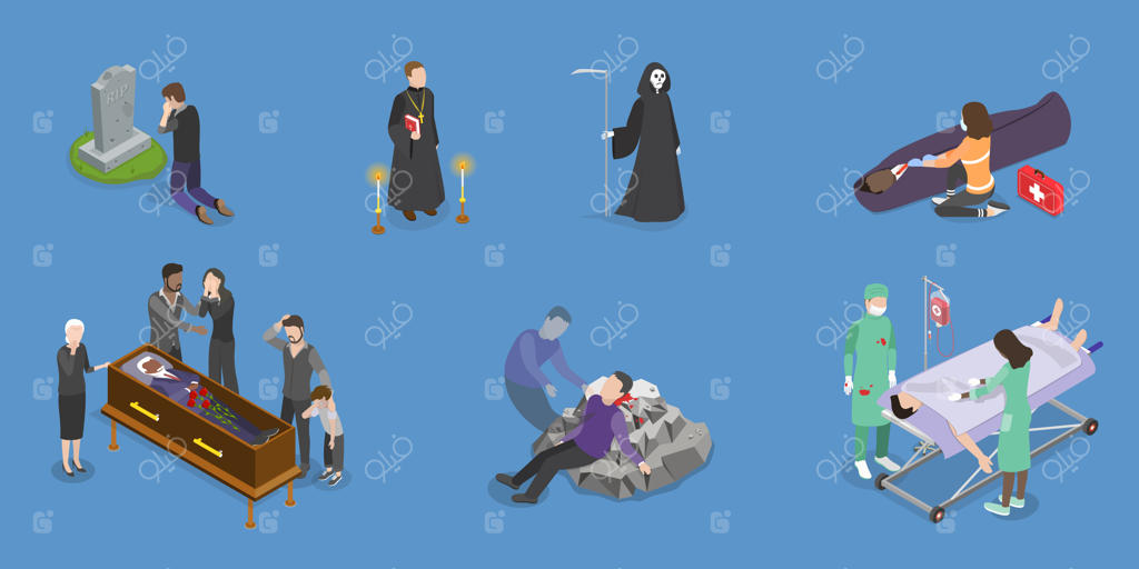 مجموعه وکتور ایزومتریک و فلت با موضوع قبرستان و عزاداری