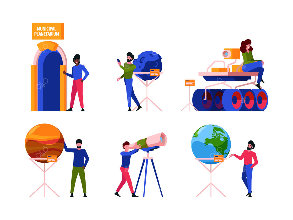 سیاره‌نما: موزه آموزش فضایی و کیهان‌آفرینی با طراحی نوآورانه و شخصیت‌های گرافیکی جذاب در سبک تخت